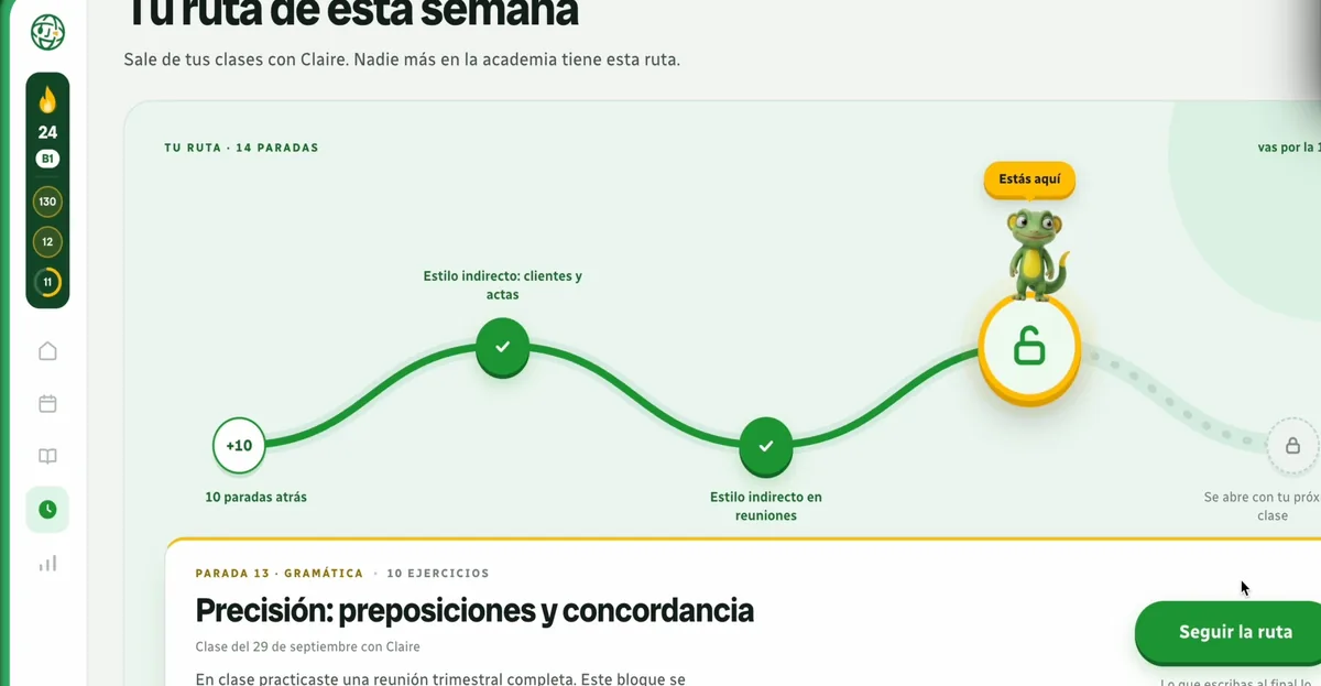 Ruta del curso por paradas en la plataforma de DRC Academy