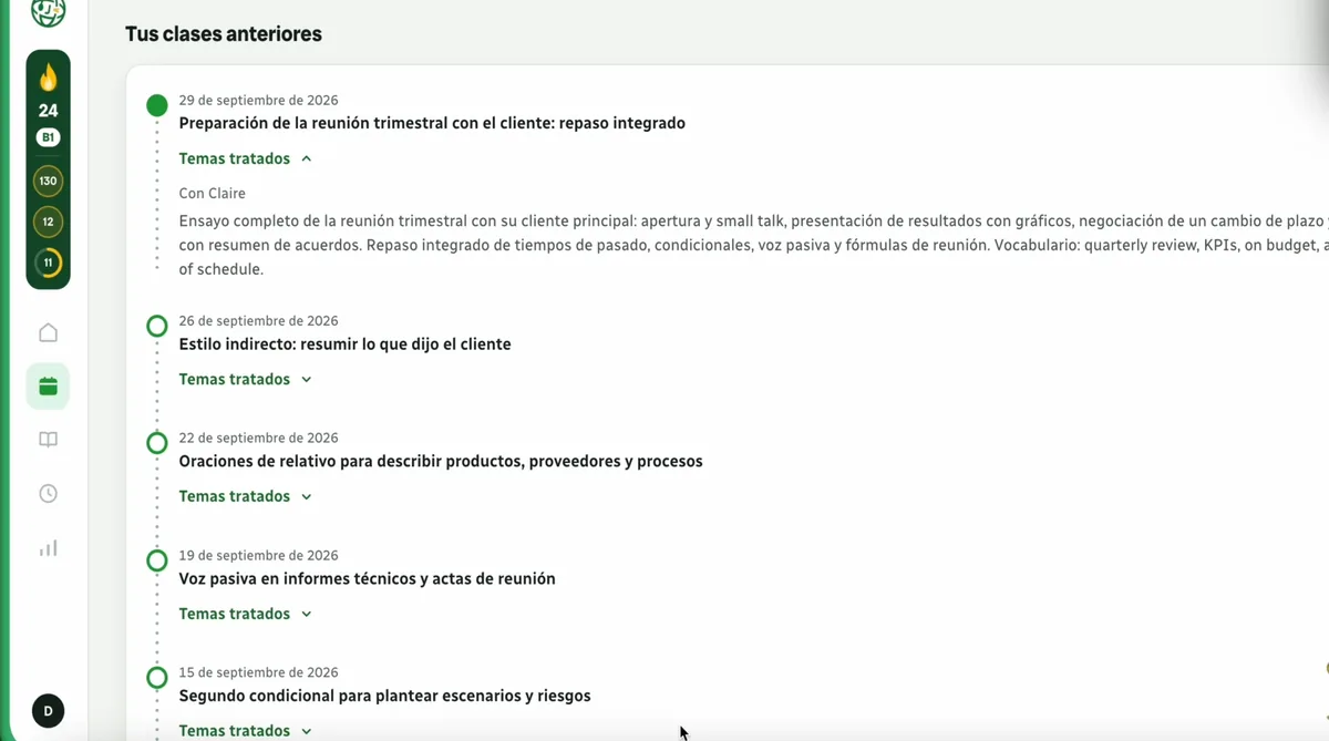 Historial de clases en la plataforma de DRC Academy, con los temas tratados en cada una